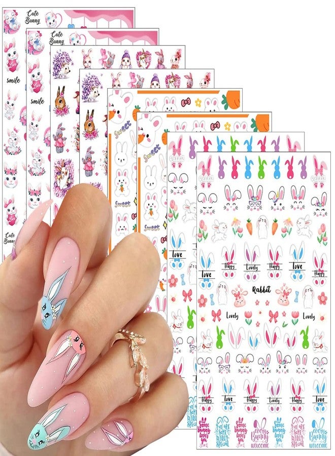 BSBTBZ 8 Sheets Easter Rabbit Nail Art Stickers Decals,3D Self-Adhesive Nail Art Accessories Cartoons, Rabbits, Animals, Hearts, Flowers,Designs Sticker Lovely Retro Rabbit Manicure DIY Nail Decorations - Image 1